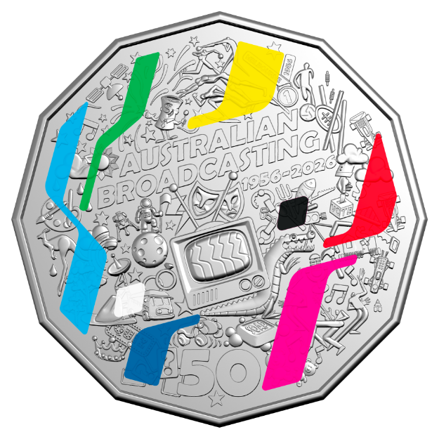 70TH ANNIVERSARY OF AUSTRALIAN FIRST TELEVISION 50C COLOURED COIN