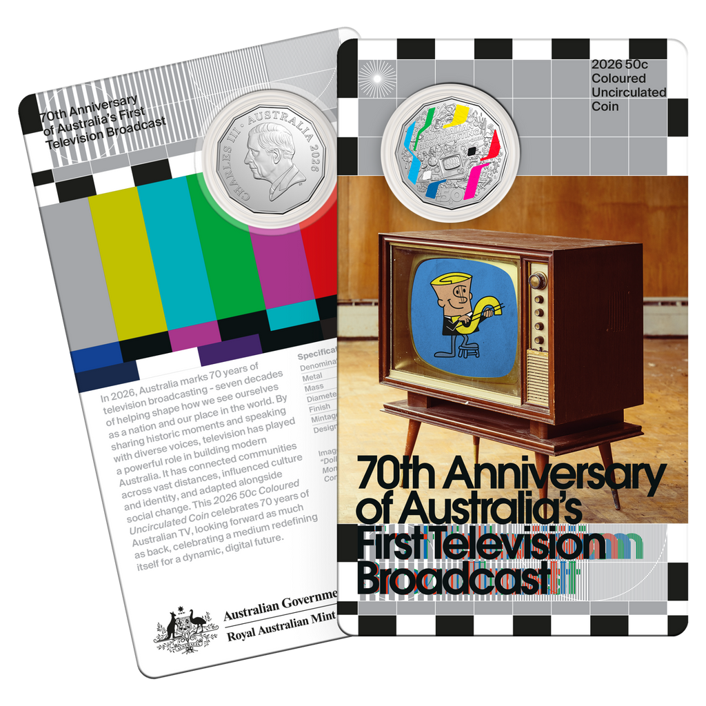 70TH ANNIVERSARY OF AUSTRALIAN FIRST TELEVISION 50C COLOURED COIN