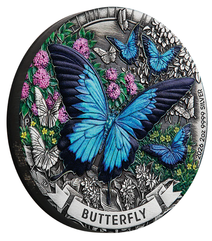 Butterfly 2026 2oz Silver Antiqued Coloured Coin