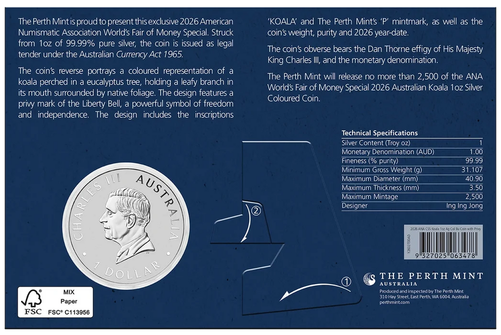 ANA World’s Fair of Money Special Koala 2026 1oz Silver Coloured Coin with Liberty Bell Privy Mark
