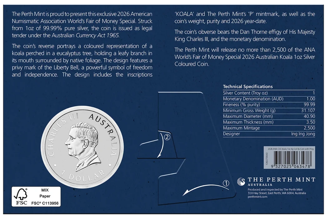 ANA World’s Fair of Money Special Koala 2026 1oz Silver Coloured Coin with Liberty Bell Privy Mark