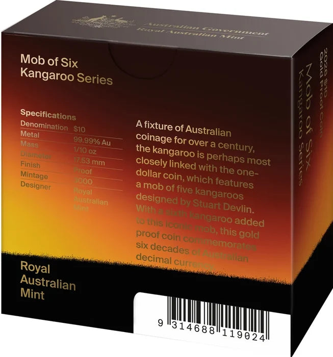 2026 $10 GOLD PROOF COIN MOB OF SIX KANGAROO SERIES 1/10OZ